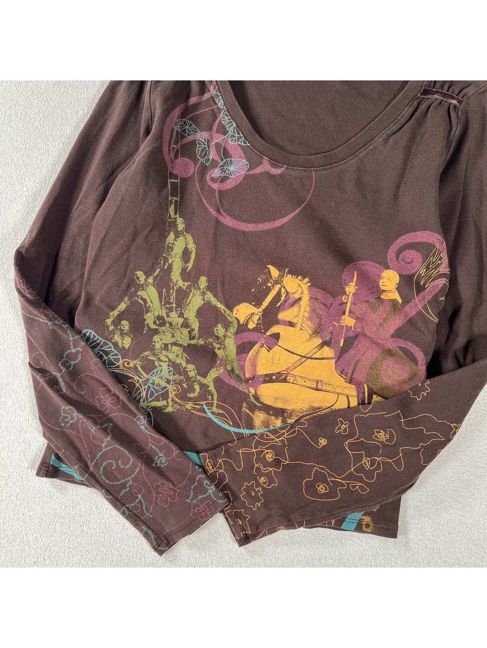 Vintage Y2K brown colorful printed long sleeve top Size S/M - Picture 2 of 6